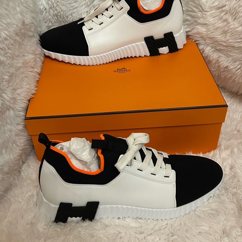 Black and White Hermes Sneakers with Orange Accents